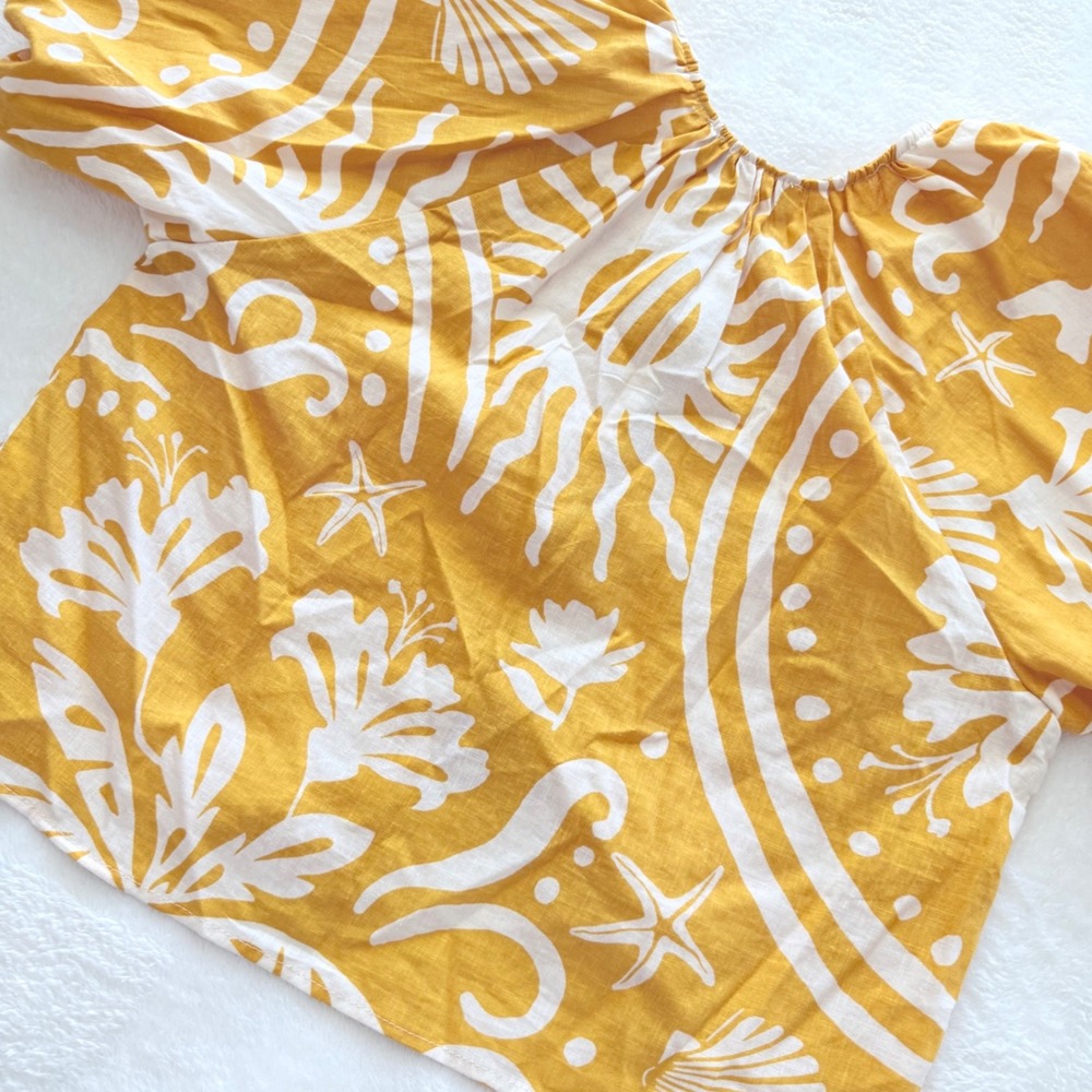 C&C California Linen Bld Tropical Tie Front Blouse Puff Sleeve Yellow Small NWT - Picture 9 of 11